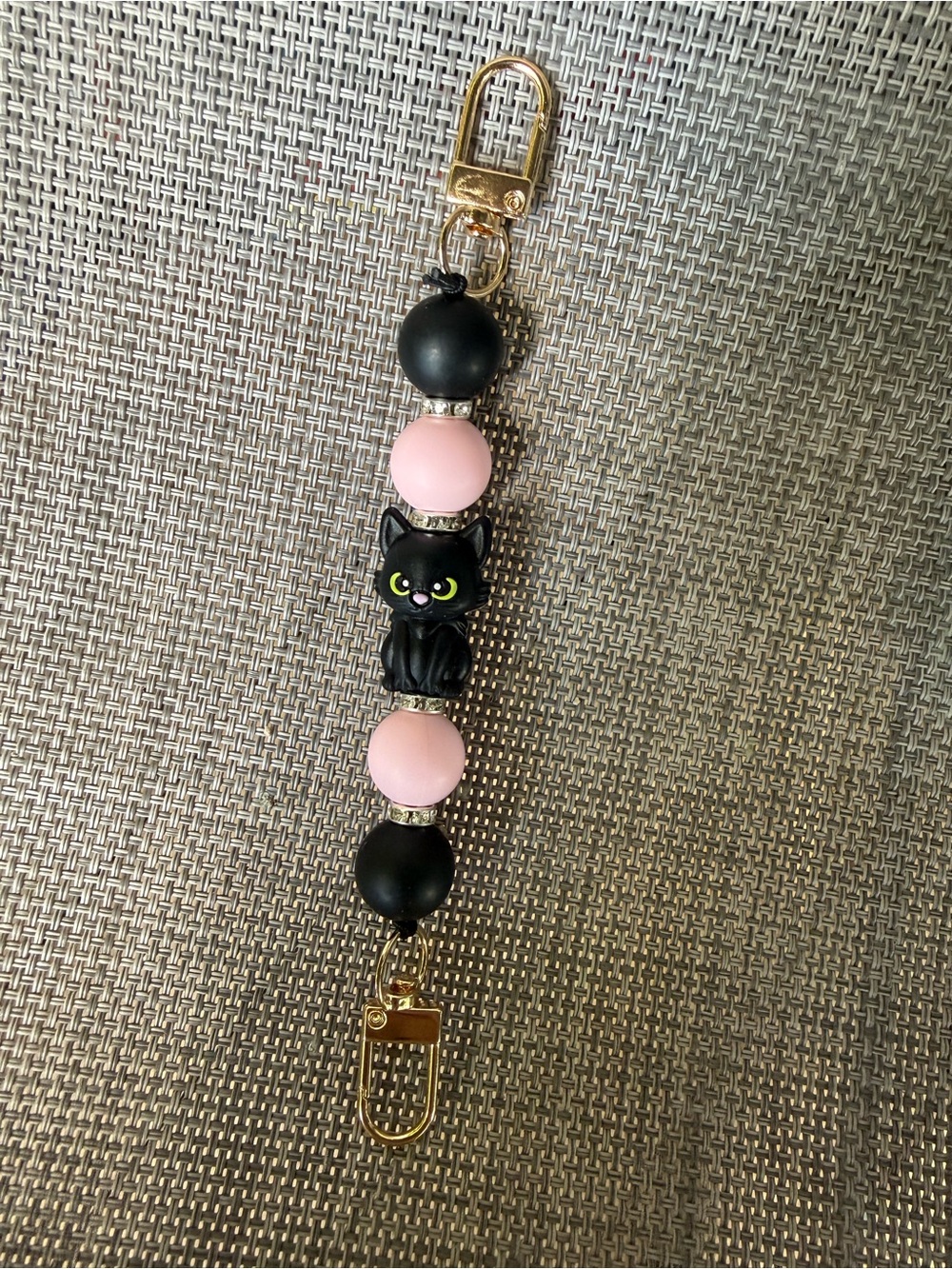 Black & Pink Cat Beaded Phone Strap with Gold Clips